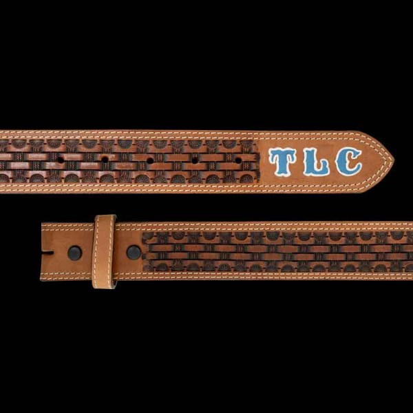 "The Cedar Elm Custom Leather Belt is durable & easy to personalize, it's sure to be your newest closet staple. Crafted on high-quality, top grain leather with a rich brown basket weave tooling pattern. . Add your name or initials to the tip for 